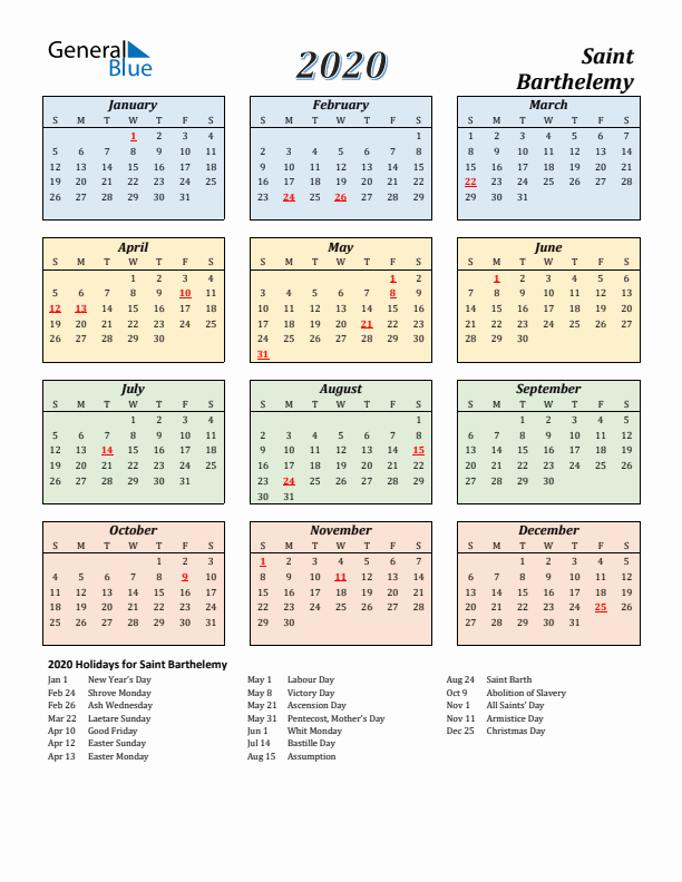 Saint Barthelemy Calendar 2020 with Sunday Start