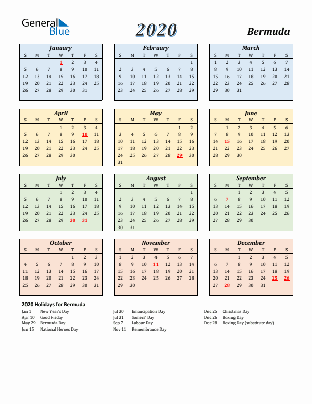 Bermuda Calendar 2020 with Sunday Start