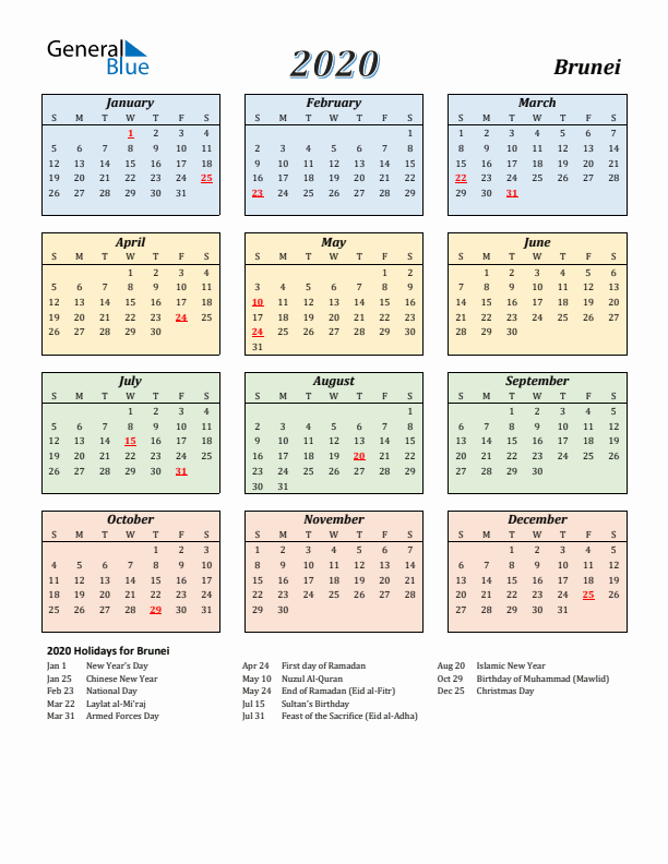 Brunei Calendar 2020 with Sunday Start