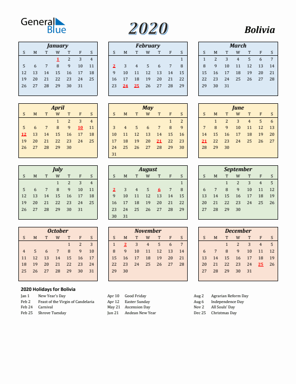 Bolivia Calendar 2020 with Sunday Start