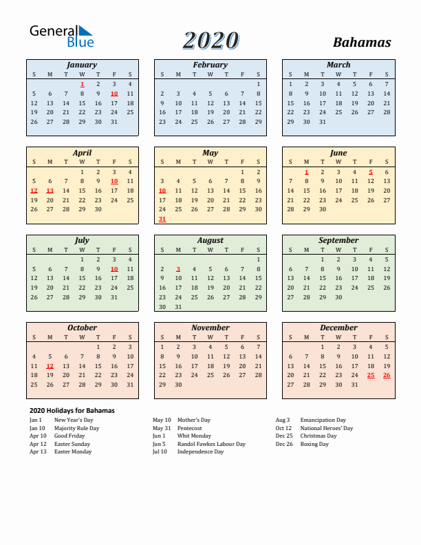 Bahamas Calendar 2020 with Sunday Start
