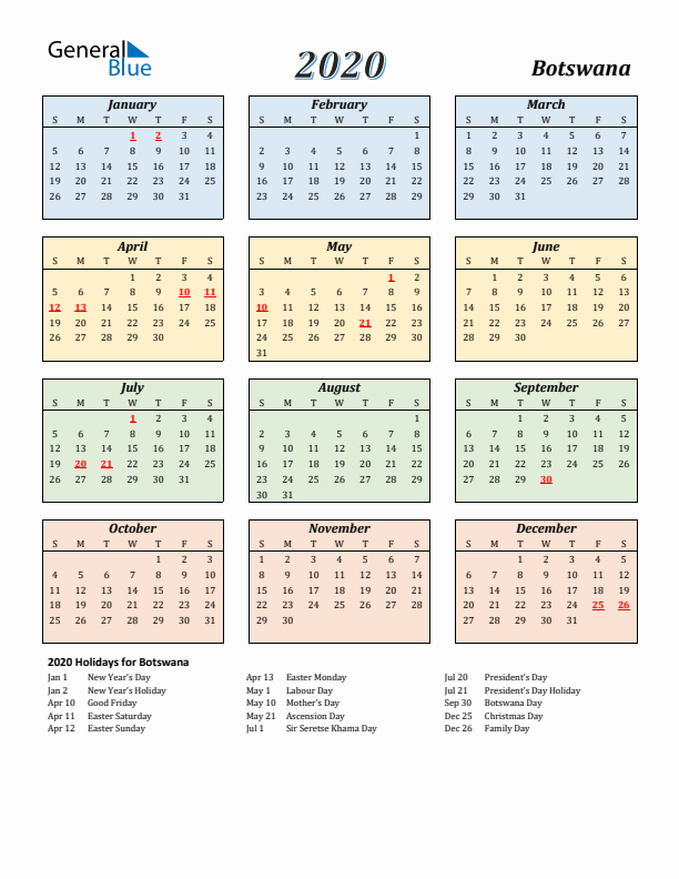 Botswana Calendar 2020 with Sunday Start