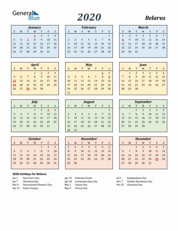 Belarus Calendar 2020 with Sunday Start