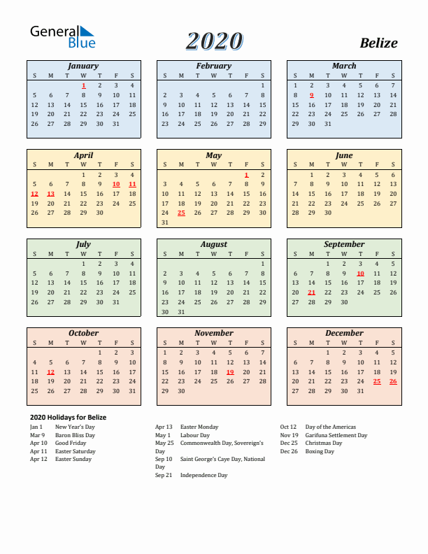 Belize Calendar 2020 with Sunday Start