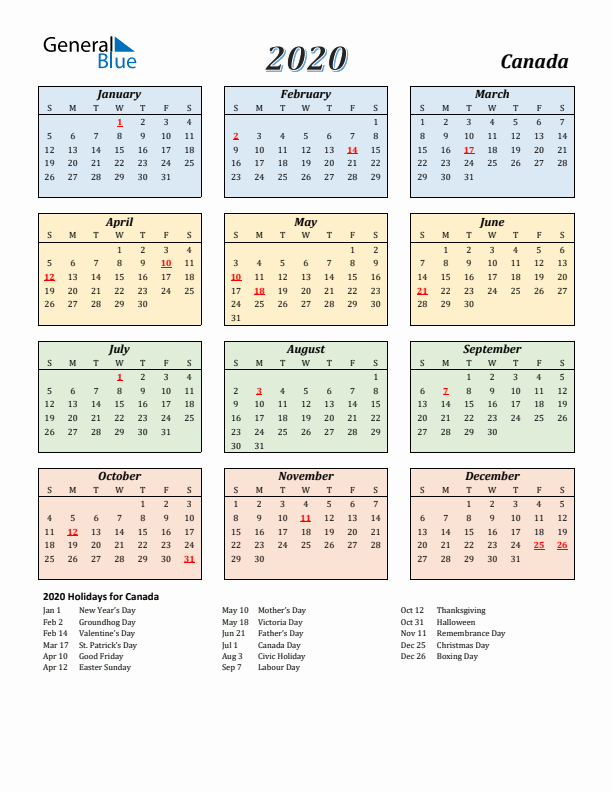 Canada Calendar 2020 with Sunday Start