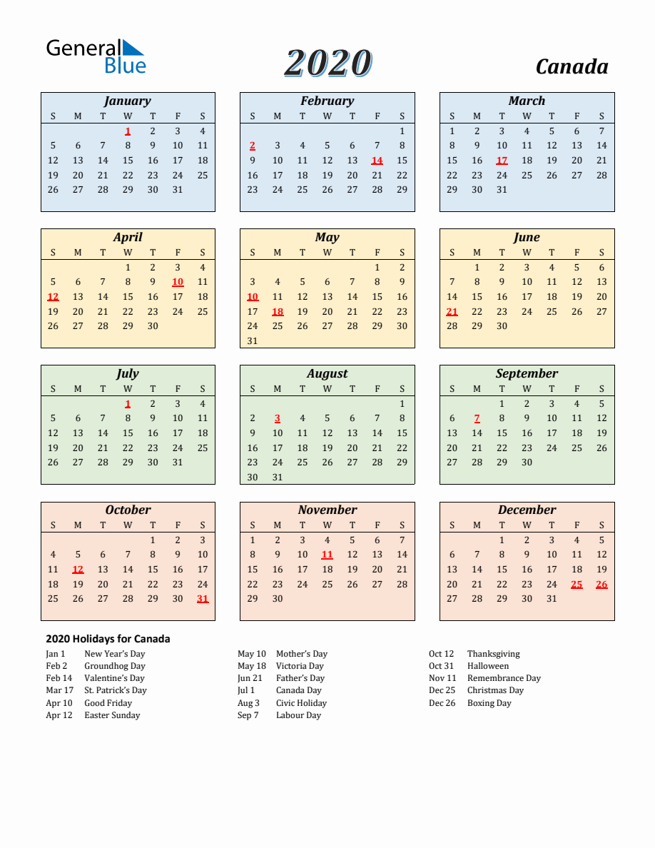 2020 Canada Calendar with Sunday Start