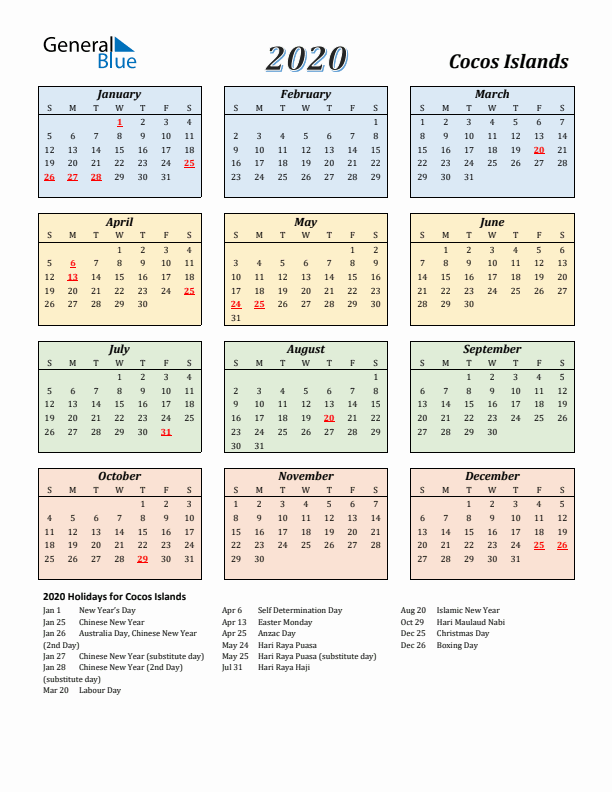 Cocos Islands Calendar 2020 with Sunday Start
