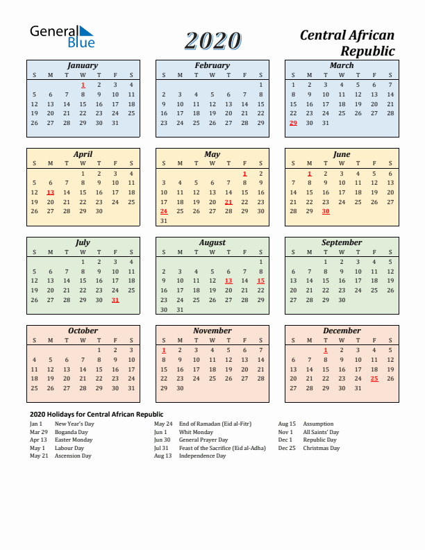 Central African Republic Calendar 2020 with Sunday Start