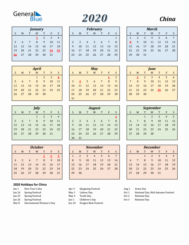 China Calendar 2020 with Sunday Start