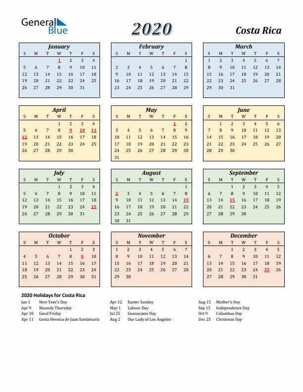 Costa Rica Calendar 2020 with Sunday Start