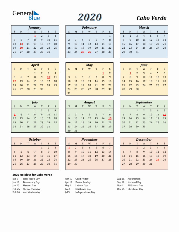 Cabo Verde Calendar 2020 with Sunday Start