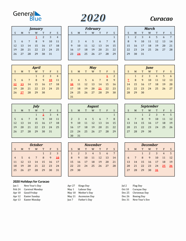 Curacao Calendar 2020 with Sunday Start