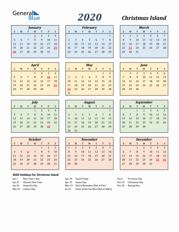 Christmas Island Calendar 2020 with Sunday Start