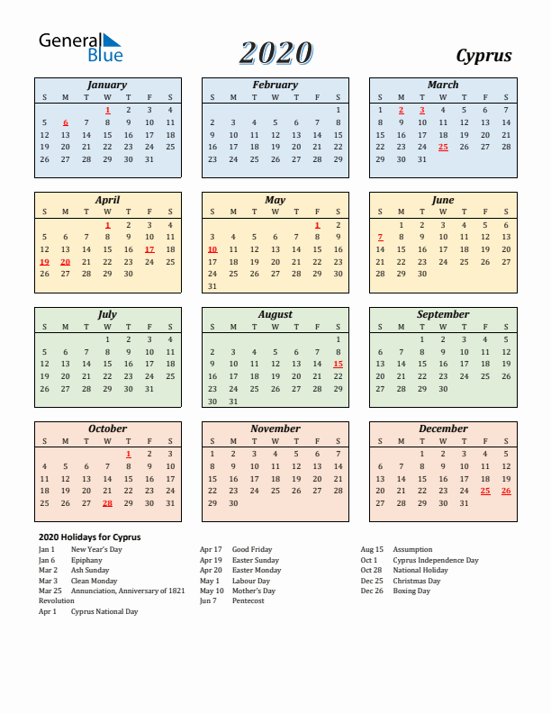 Cyprus Calendar 2020 with Sunday Start