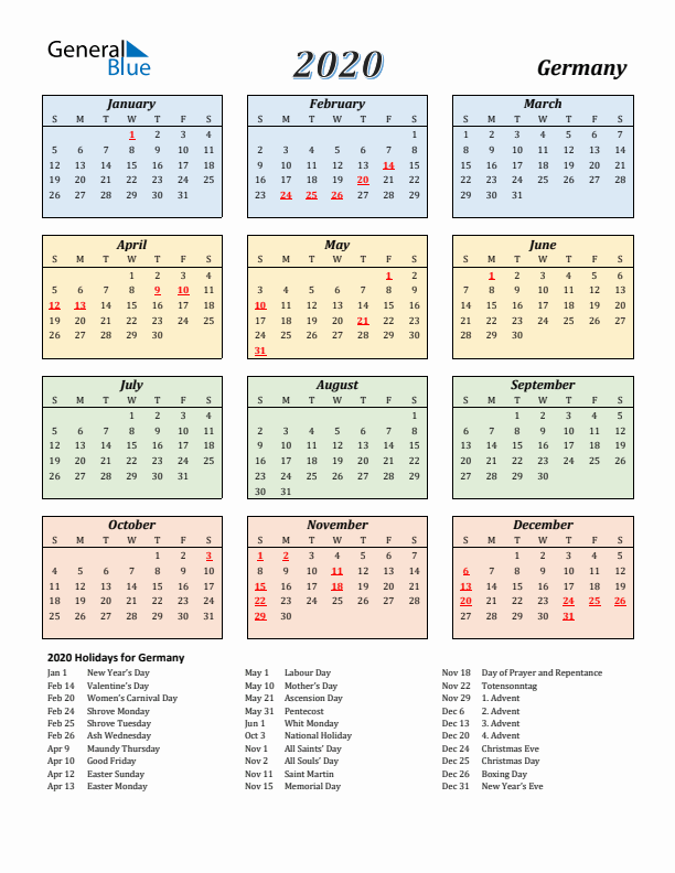 Germany Calendar 2020 with Sunday Start