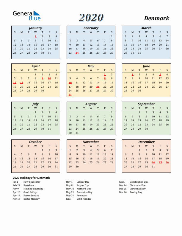 Denmark Calendar 2020 with Sunday Start