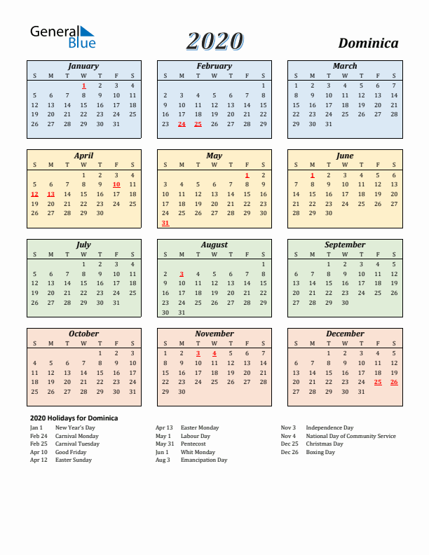Dominica Calendar 2020 with Sunday Start