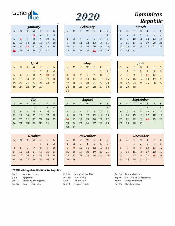 Dominican Republic Calendar 2020 with Sunday Start