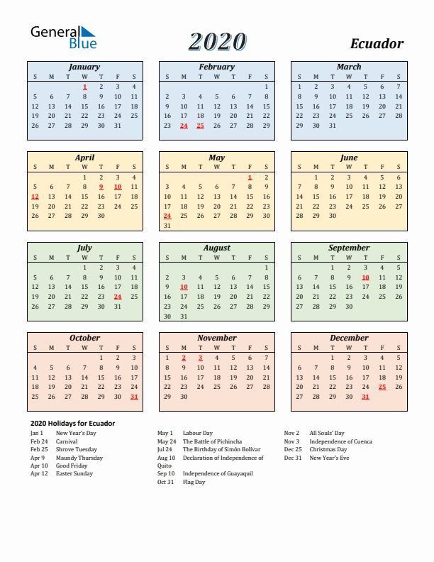 Ecuador Calendar 2020 with Sunday Start