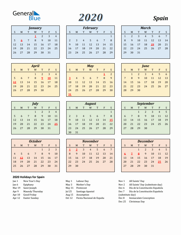 Spain Calendar 2020 with Sunday Start