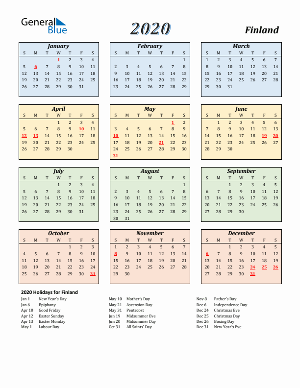 Finland Calendar 2020 with Sunday Start