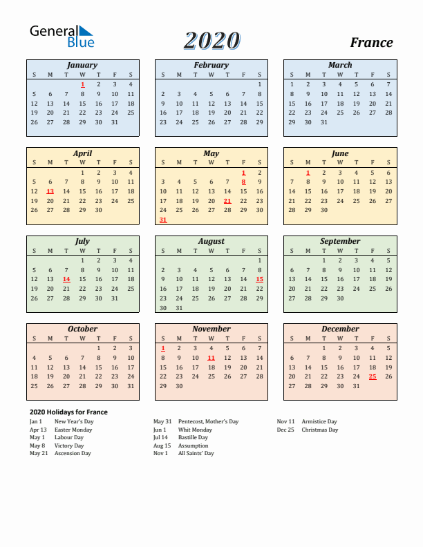 France Calendar 2020 with Sunday Start