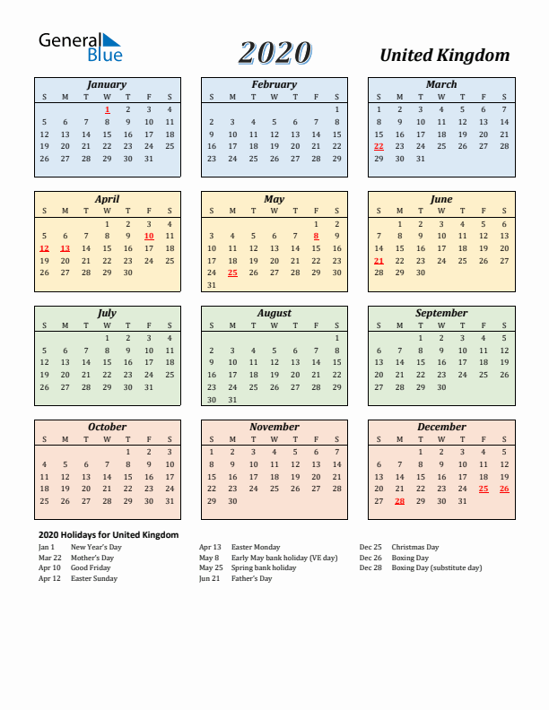 United Kingdom Calendar 2020 with Sunday Start