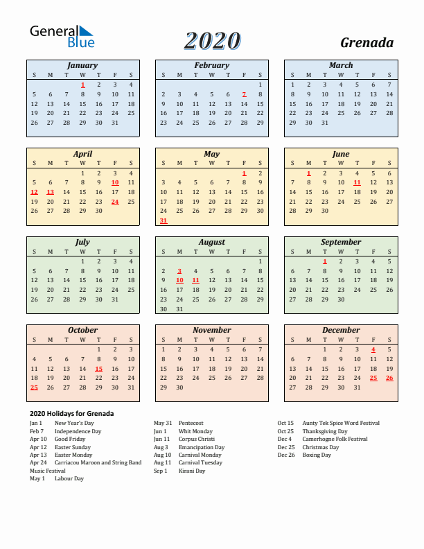 Grenada Calendar 2020 with Sunday Start