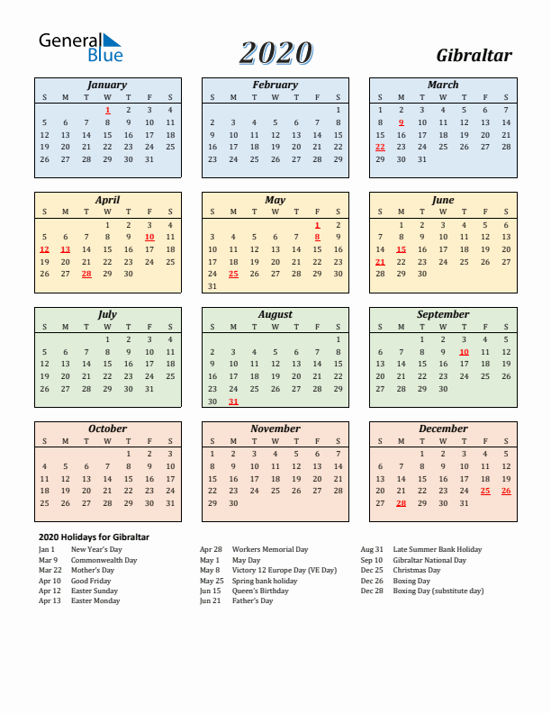 Gibraltar Calendar 2020 with Sunday Start