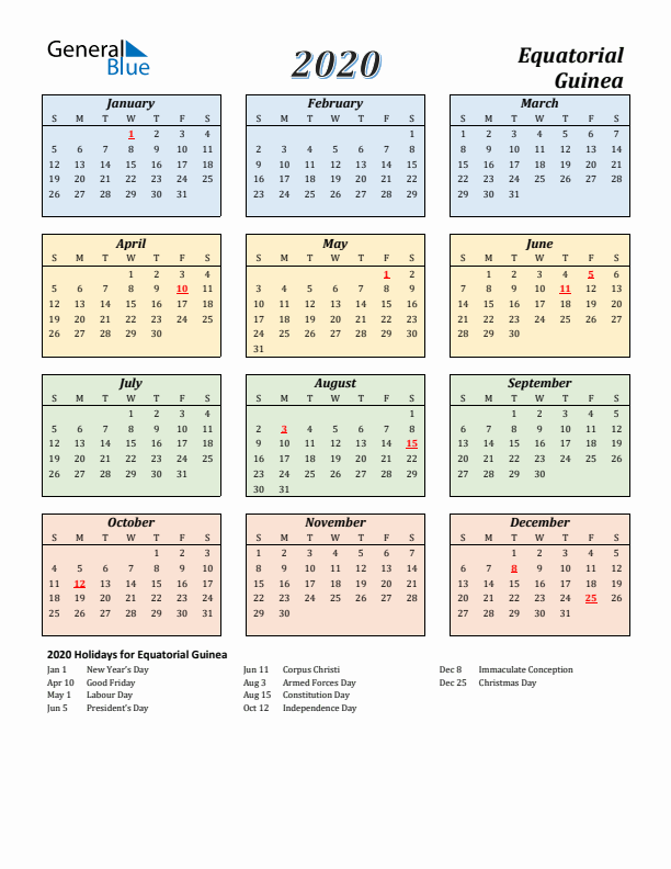 Equatorial Guinea Calendar 2020 with Sunday Start