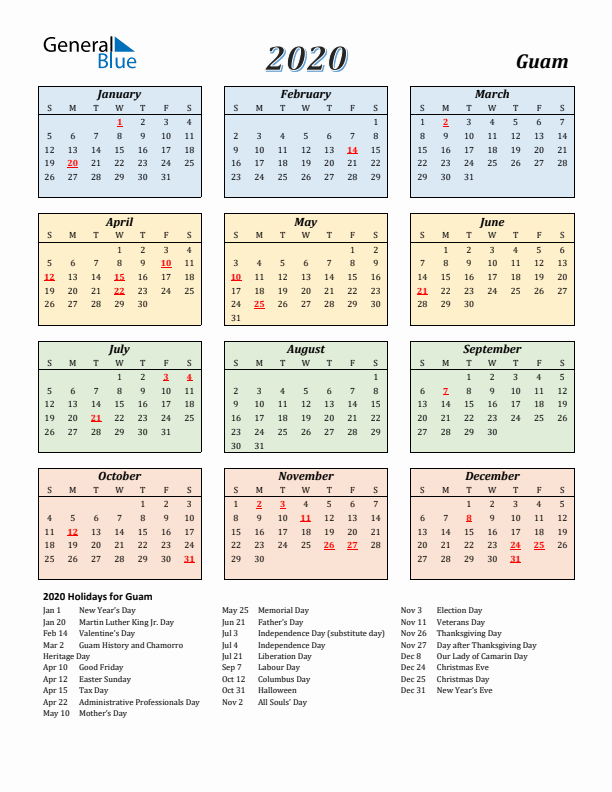 Guam Calendar 2020 with Sunday Start