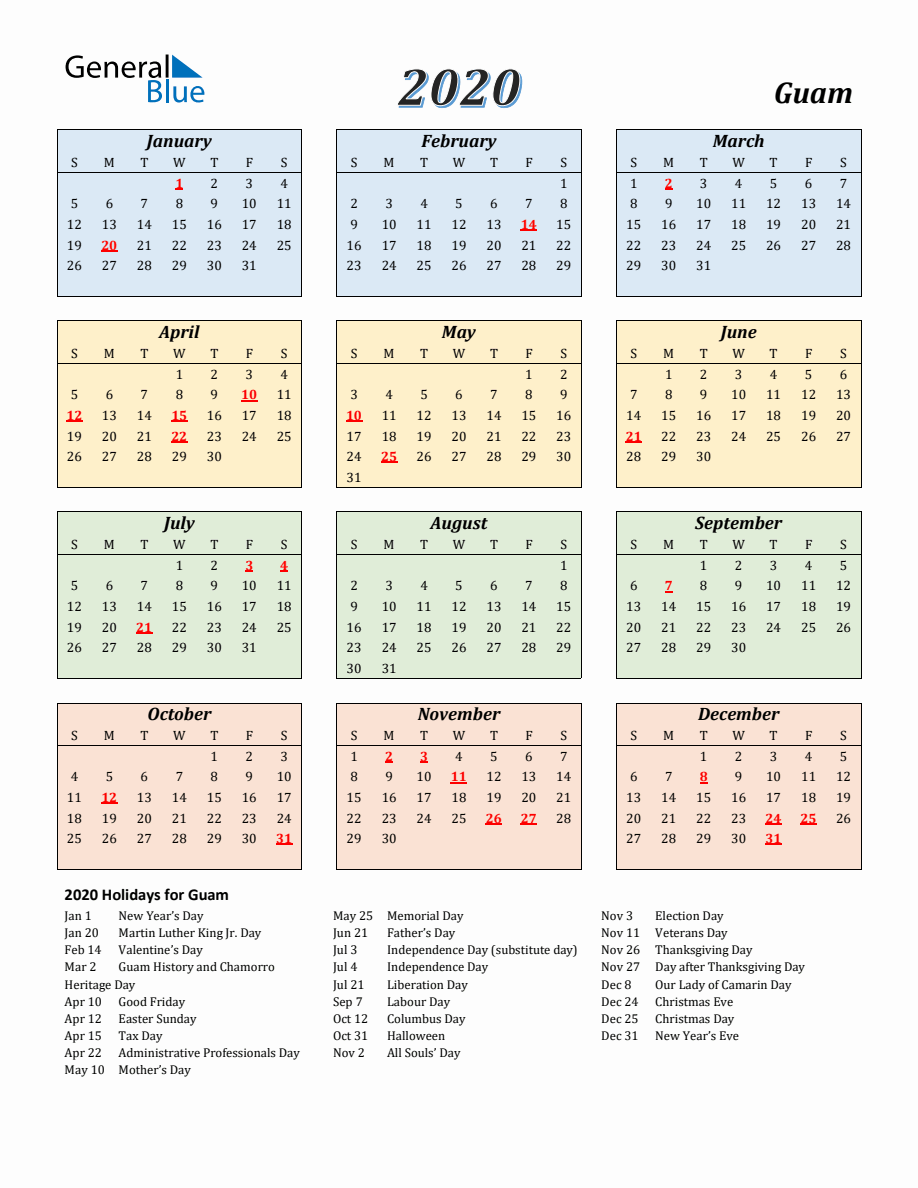 2020 Guam Calendar with Sunday Start