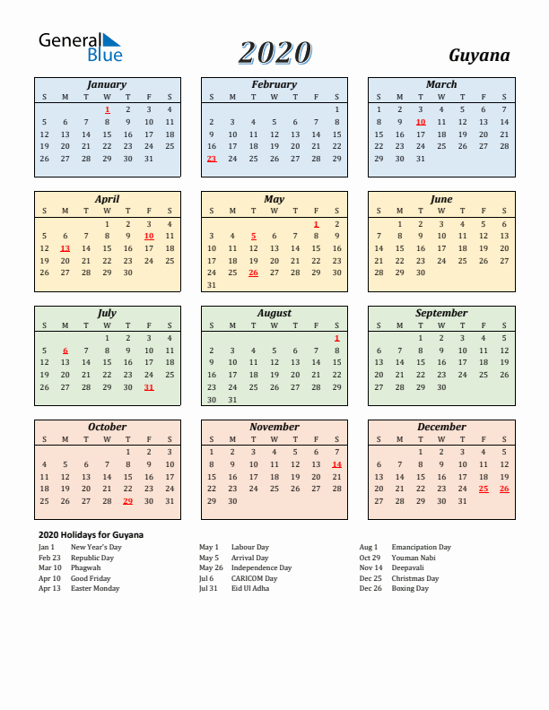 Guyana Calendar 2020 with Sunday Start