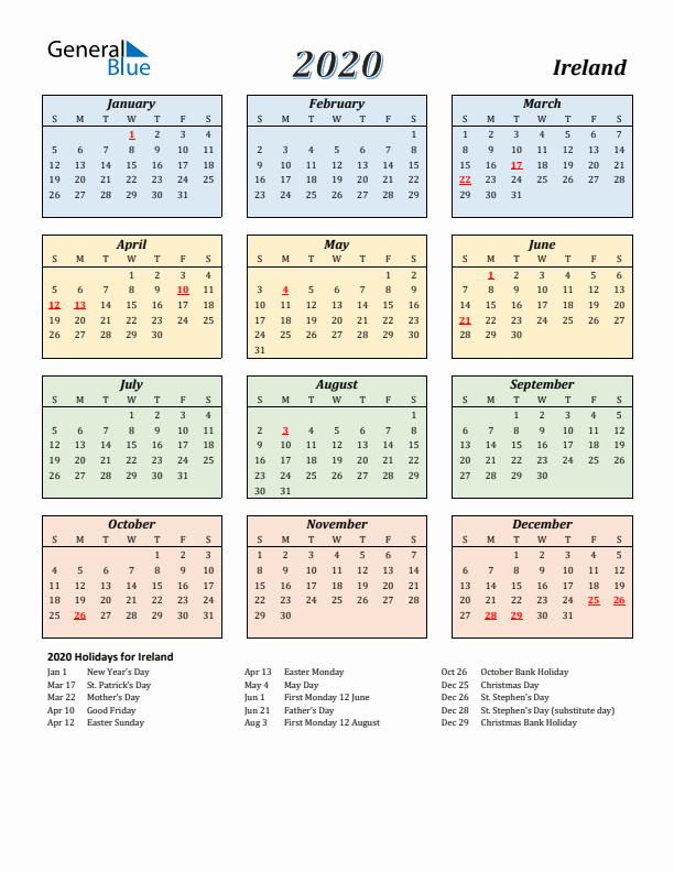 Ireland Calendar 2020 with Sunday Start