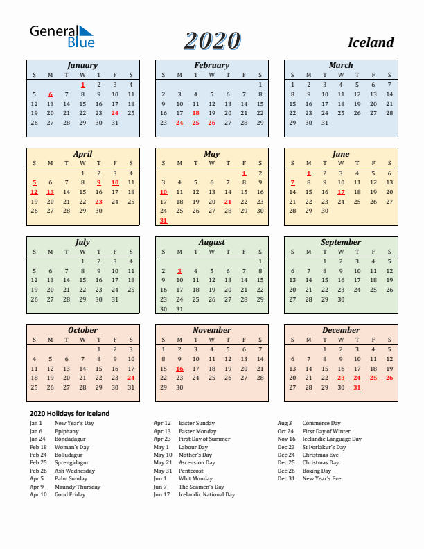 Iceland Calendar 2020 with Sunday Start