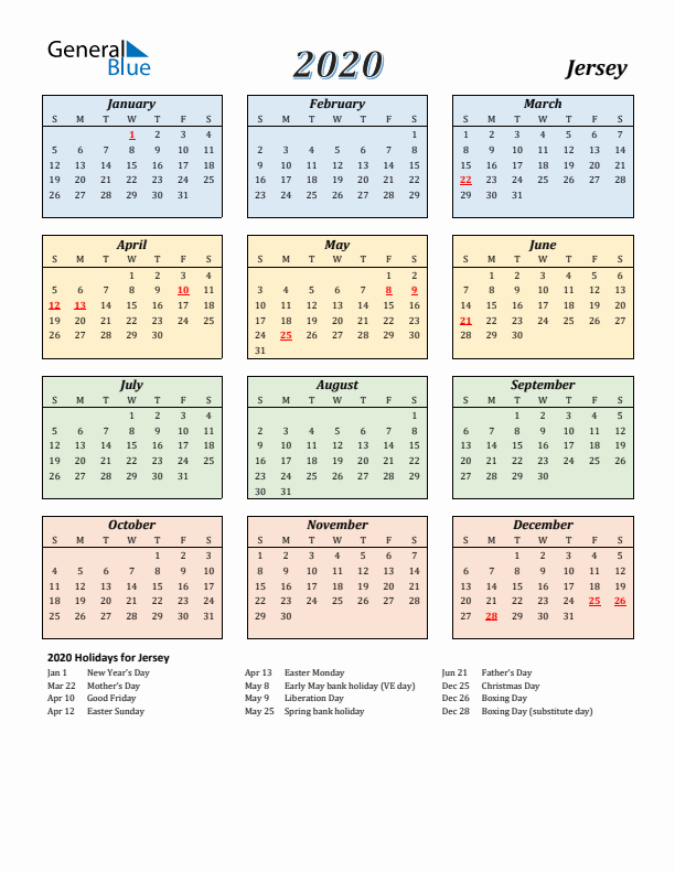 Jersey Calendar 2020 with Sunday Start