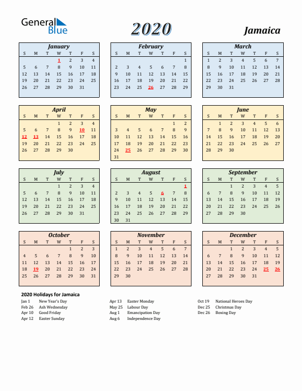 Jamaica Calendar 2020 with Sunday Start