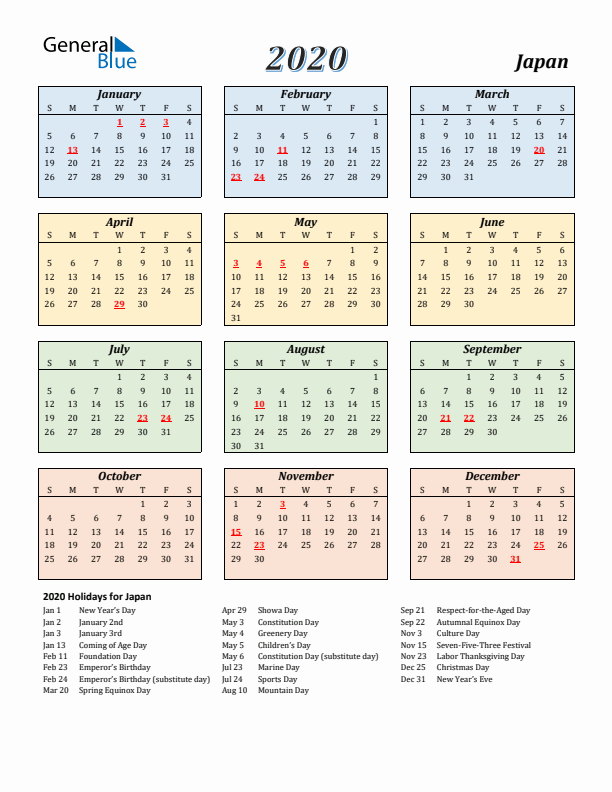 Japan Calendar 2020 with Sunday Start
