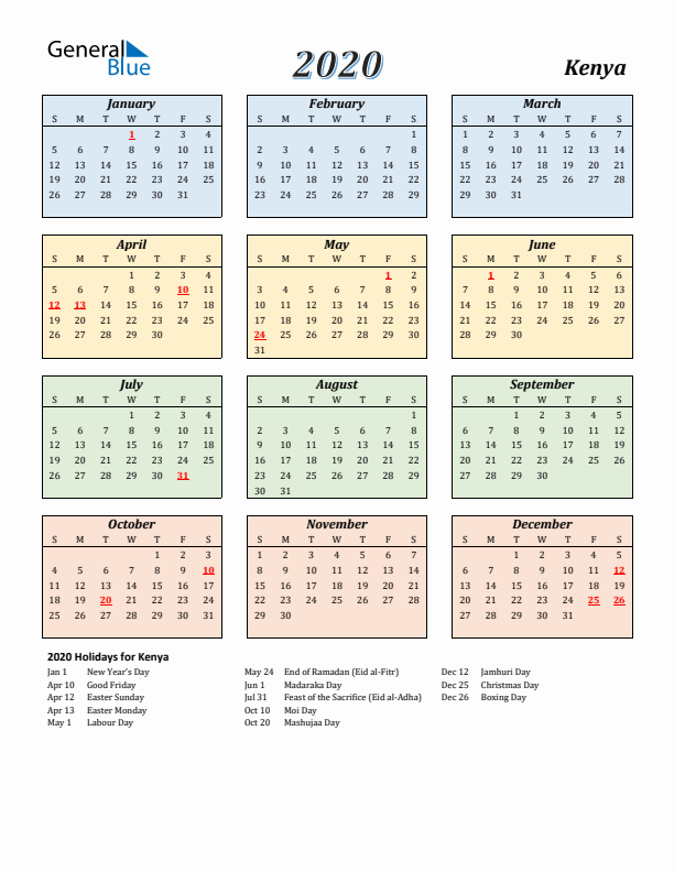 Kenya Calendar 2020 with Sunday Start