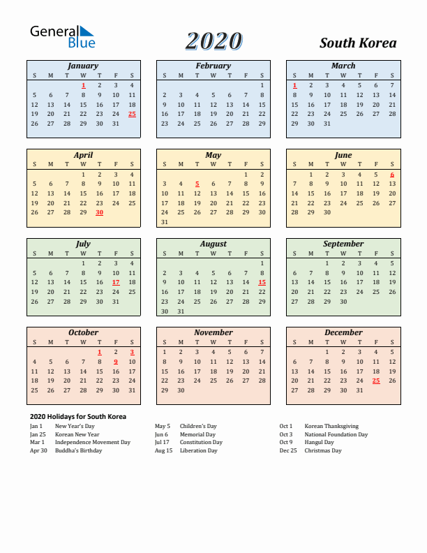 South Korea Calendar 2020 with Sunday Start
