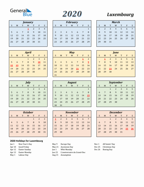 Luxembourg Calendar 2020 with Sunday Start