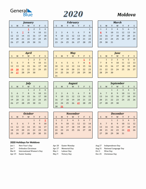 Moldova Calendar 2020 with Sunday Start