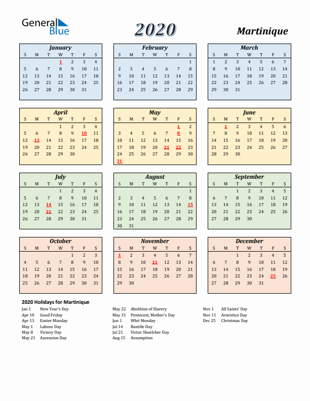 Martinique Calendar 2020 with Sunday Start