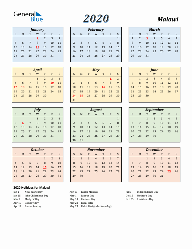 Malawi Calendar 2020 with Sunday Start
