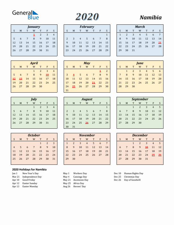 Namibia Calendar 2020 with Sunday Start