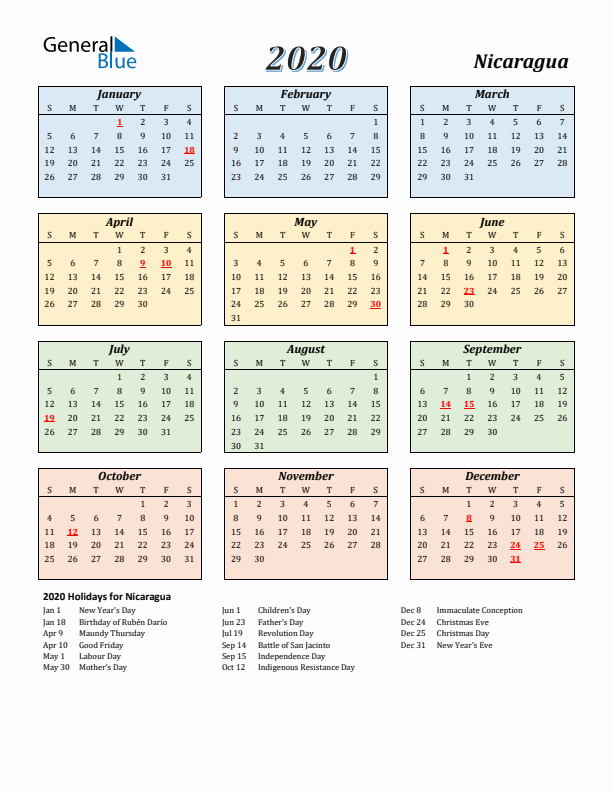 Nicaragua Calendar 2020 with Sunday Start