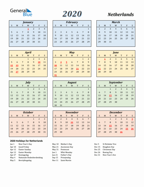 The Netherlands Calendar 2020 with Sunday Start