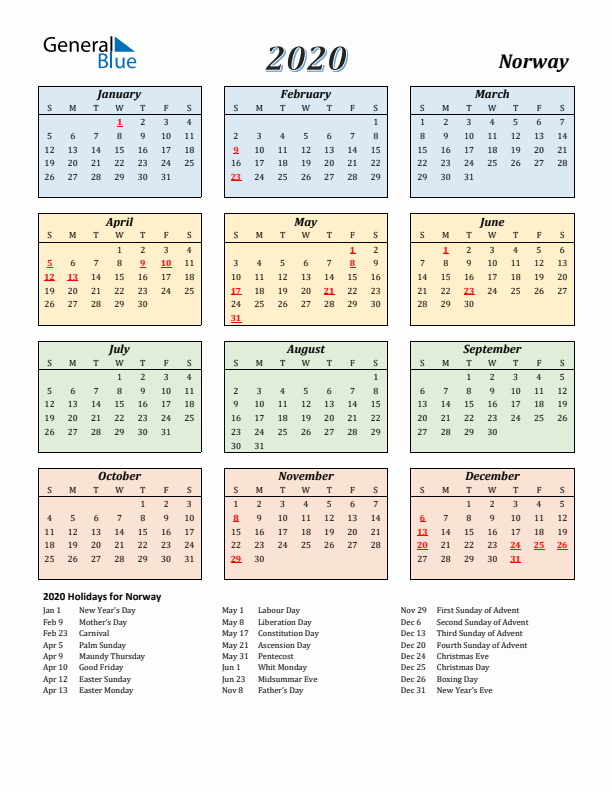 Norway Calendar 2020 with Sunday Start