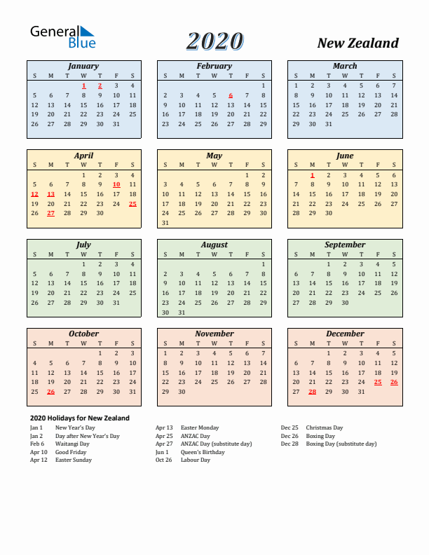 New Zealand Calendar 2020 with Sunday Start