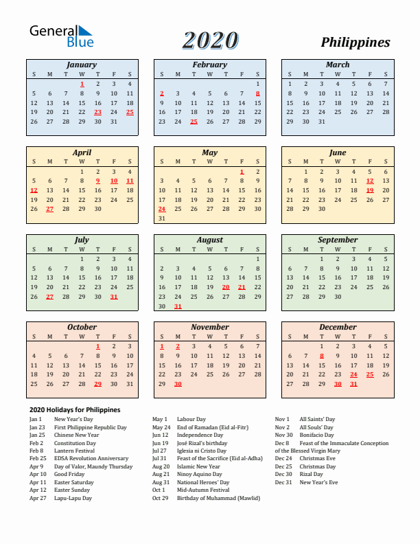 Philippines Calendar 2020 with Sunday Start